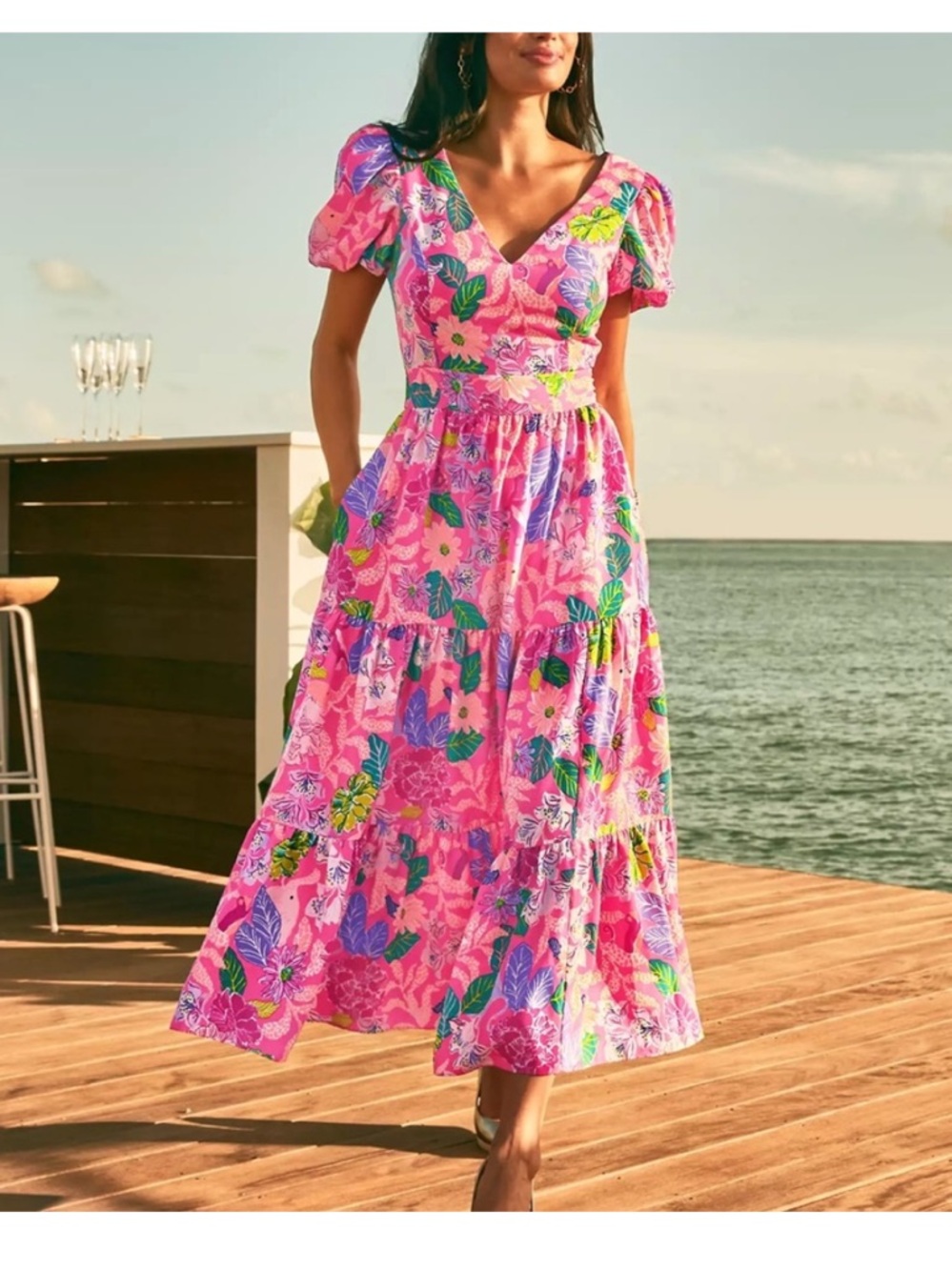 Lilly Pulitzer Grace Midi Short Sleeve Dress SZ 2 Pink Isle Best of Friends